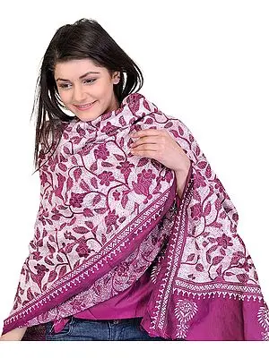 Bright-Rose Dupatta from Kolkata with Kantha Embroidery by Hand