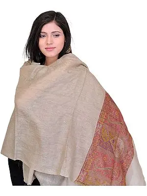 Pure Pashmina Stole with Woven Paisleys on Border, as an Imitation of Shahtush