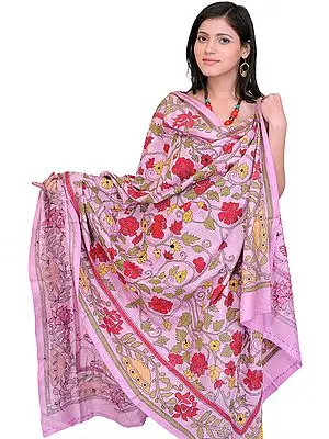 Rose-Pink Kantha Dupatta with Embroidered Flowers All Over
