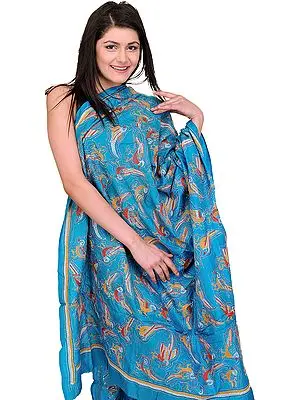 Vivid Blue Kantha Dupatta from Bengal with Hand Embroidered Birds