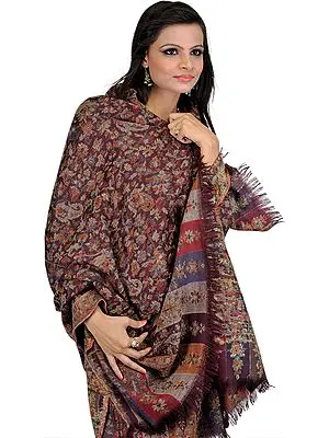 Raisin-Brown Kani Shawl with Flowers Woven in Multi-Colored Thread