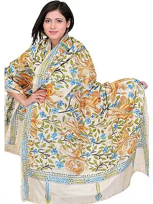 Whisper-White Kantha Stitched Dupatta with Embroidered Herons