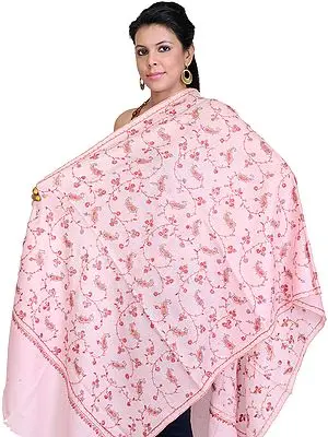 Impations-Pink Tusha Stole with Needle-Embroidered Paisleys