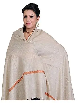 Plaza-Taupe Pure Pashmina Shawl with Needle Embroidery on Border