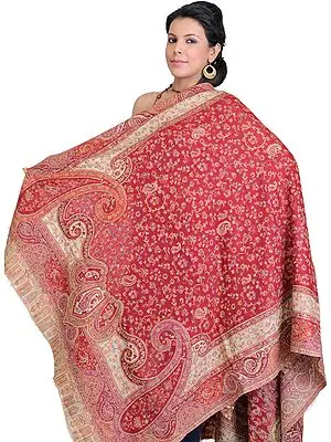 Rio-Red Kani Shawl with Woven Flowers and Paisleys
