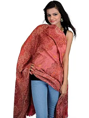 Persian-Red Jamawar Shawl with Woven Paisleys and Needle Embroidery by Hand