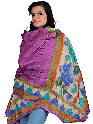 Plain Purple Dupatta with Printed Flowers on Border