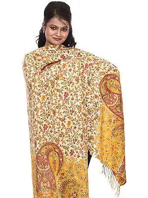 Beeswax-Yellow Stole with Aari Embroidery and Printed Paisleys