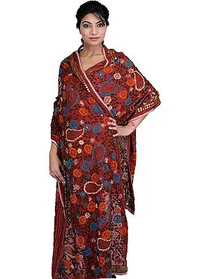 Rio-Red Phulkari Dupatta with Crewel Embroidery and Large Sequins