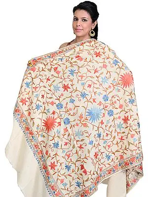 Winter-White Floral Shawl from Kashmir with Aari Embroidery All-Over