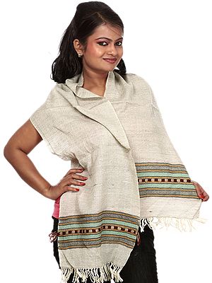 Smoke-Gray Scarf from Kullu with Kinnauri Woven Border