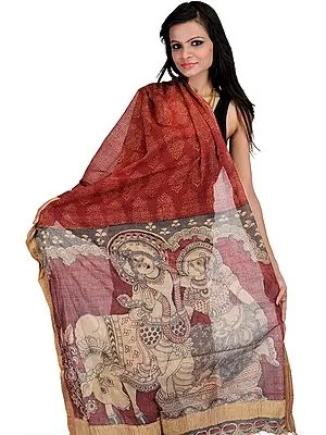 Ruby-Wine Kalamkari Dupatta from Telangana with Lord Krishna and Radha Ji