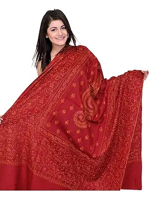 Tawny Port-Red Tusha Shawl with Sozni Embroidery by Hand