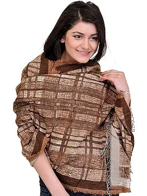 Acorn-Brown Jamawar Stole with All-over Weave