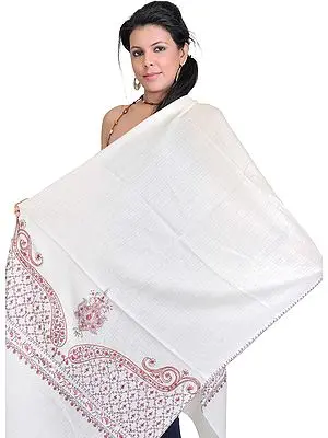 Snow-White Tusha Stole with Sozni-Embroidered Paisleys