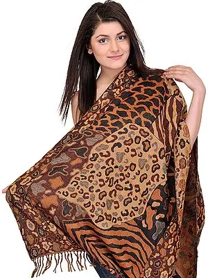 Deep-Mahogany Reversible Jamawar Stole with Woven Leopard Skin