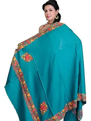 Plain Sea-Green Shawl from Kashmir with Aari Embroidered Flowers