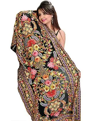 Kashmiri Stole with Aari Embroidered Flowers by Hand
