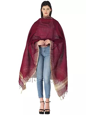 Plain Dupatta from Jharkhand with Woven Stripes on Border