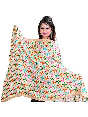 Phulkari Dupatta from Punjab with All-Over Embroidered Flowers