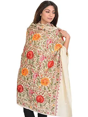Vanilla-Ice Shawl from Kashmir with Aari Embroidered Flowers