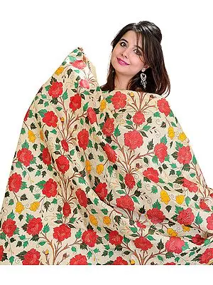Beige Kantha Shawl from Bengal with All-Over Roses Embroidered by Hand