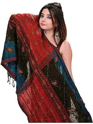 Jester-Red Jamawar Stole with Crewel Embroidery