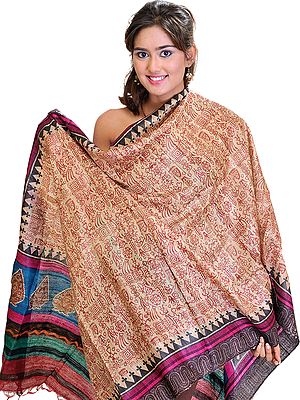 Beige Dupatta from Jharkhand with Printed Folk Warli Motifs