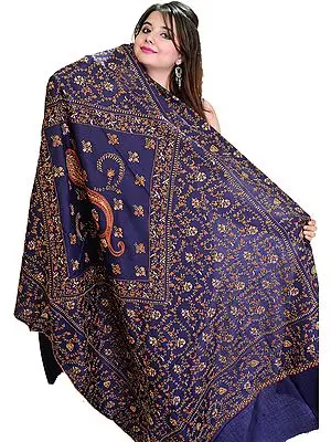 Dark-Blue Kashmiri Tusha Shawl with Sozni Hand Embroidered Flowers