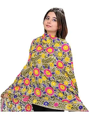 Vanilla Phulkari Dupatta from Punjab with Aari Embroidered Flowers