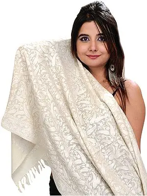 Cloud-Cream Kashmiri Stole with Aari Hand-Embroidered Paisleys