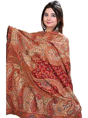 Rio-Red Kani Shawl with Kalamkari Needle Embroidery by Hand