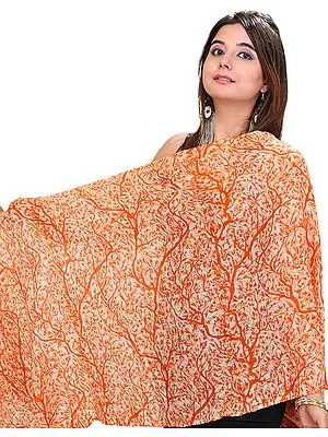 Flamingo-Orange Cashmere Stole from Nepal with Digital Print
