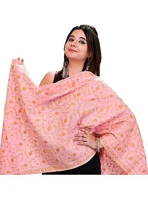 Flamingo-Pink Kashmiri Stole with Sozni Embroidered Flowers By Hand