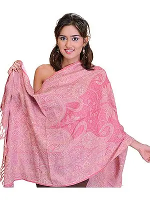 Flamingo-Pink Jamawar Stole with Woven Paisleys