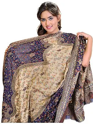 Navy-Blue and Beige Kani Shawl with Woven Paisleys in Multi-Color Thread