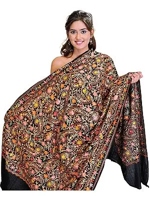 Jet-Black Shawl with Aari Embroidered Flowers