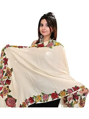 Cloud-Cream Designer Kashmiri Stole with Hand-Embroidered Flowers on Border