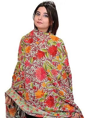 Pelican-Gray Kashmiri Shawl with Aari Embroidered Flowers