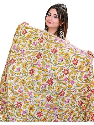 Beige Kantha Dupatta from Kolkata with Floral Embroidery by Hand