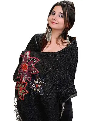 Jet Black Stole with Crewel Embroidered Flowers on Border