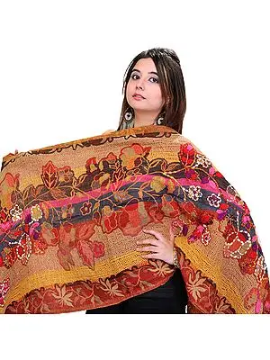 Multi-Color Jamawar Stole with Crewel Embroidered Flowers