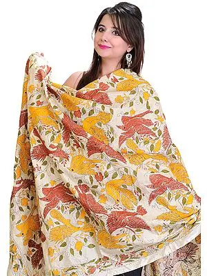 Cloud Cream Kantha Dupatta with Embroidered Birds