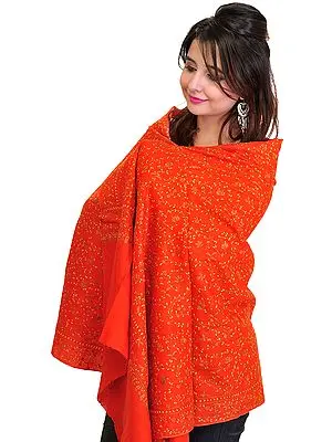 Mandarin-Orange Tusha Stole from Kashmir with Sozni Hand Embroidered Flowers