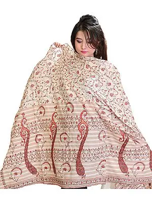 Antique-White Kashmiri Tusha Shawl with Needle Embroidered Paisleys by Hand