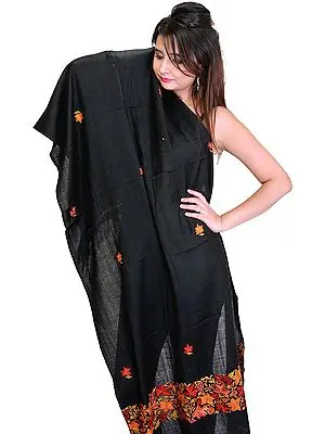 Jet-Black Stole from Kashmir with Floral Hand-Embroidery on Border