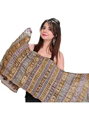 Mustard-Gray Jamawar Stole with Crewel Embroidered Flowers