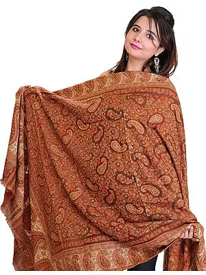 Pecan-Brown Kani Shawl with Woven Paisleys in Multi-Colored Thread