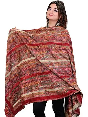 Jester-Red Kani Shawl with Kalamkari Needle Embroidery by Hand
