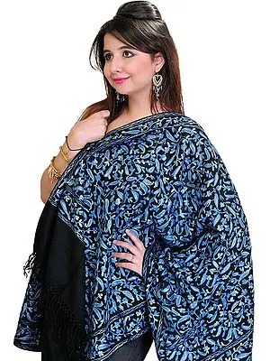 Jet-Black Stole from Amritsar with Aari Embroidered Paisleys All-Over